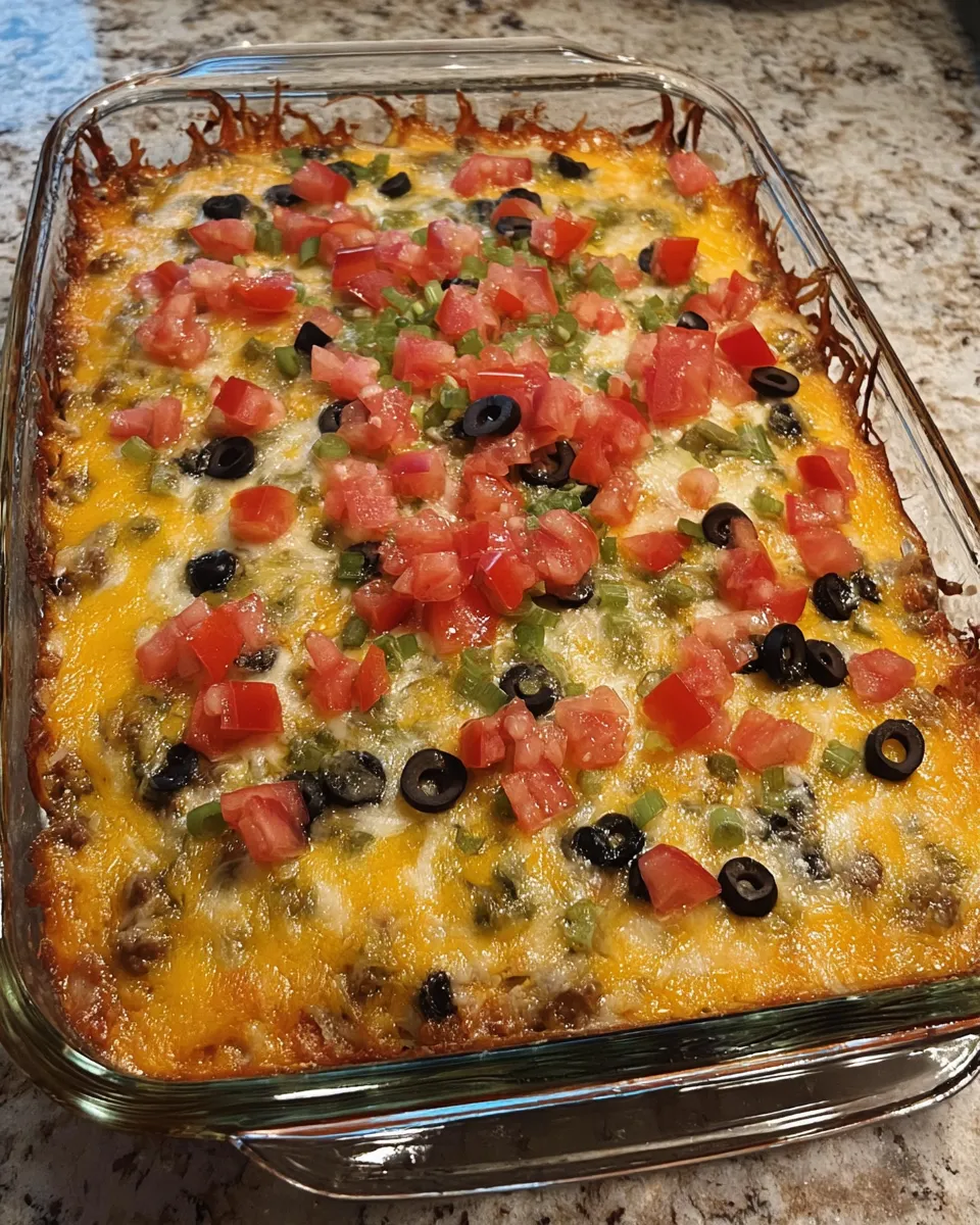 Crockpot taco casserole with beef, beans, and melted cheese, served in a baking dish.