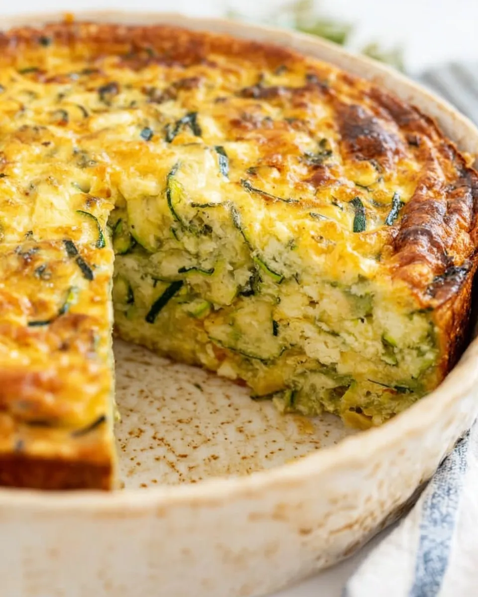Crustless cottage cheese zucchini quiche baked golden brown and served with fresh herbs.