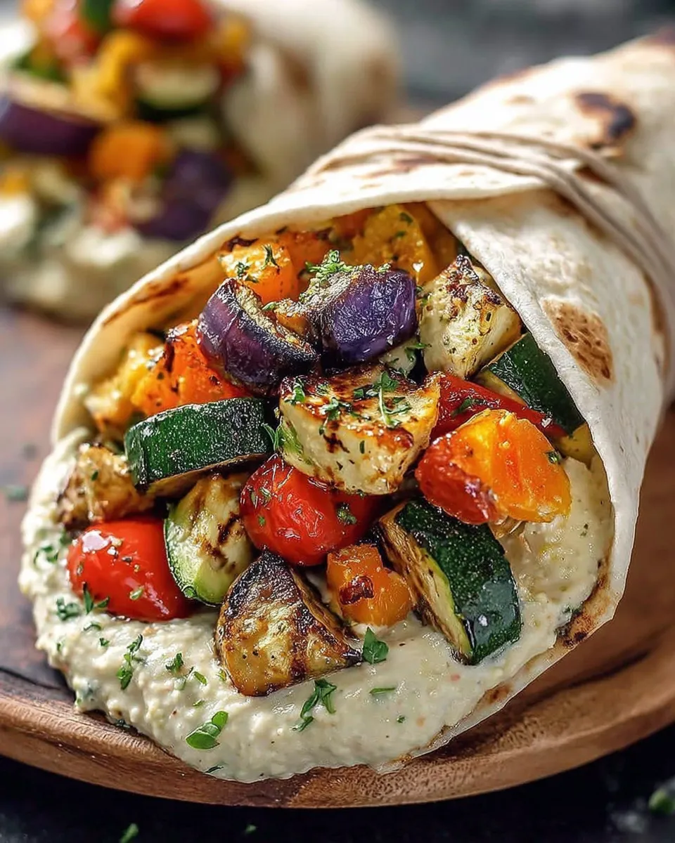 Colorful roasted veggie and hummus wraps on a rustic wooden board.