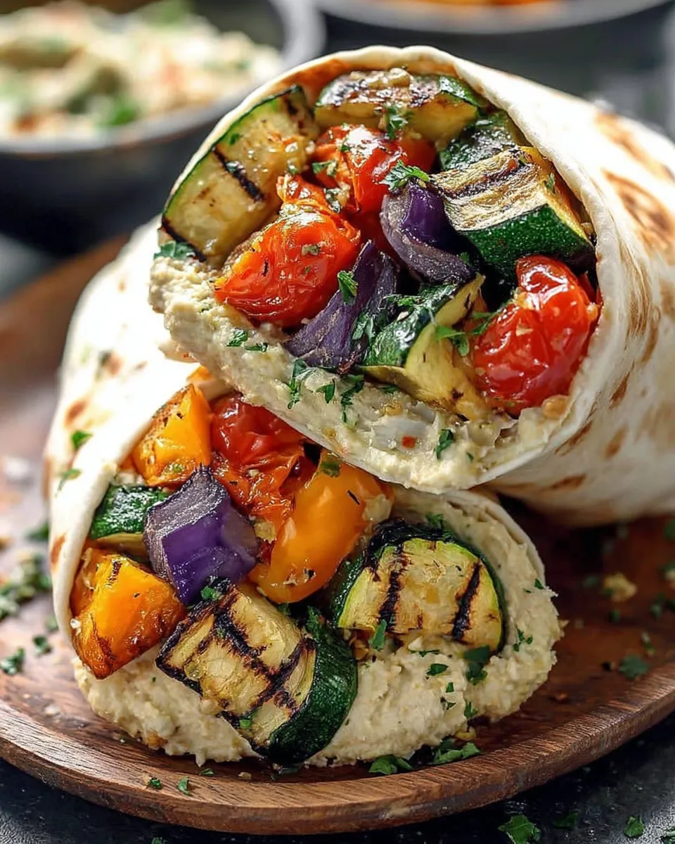 Roasted veggie and hummus wraps on a wooden board