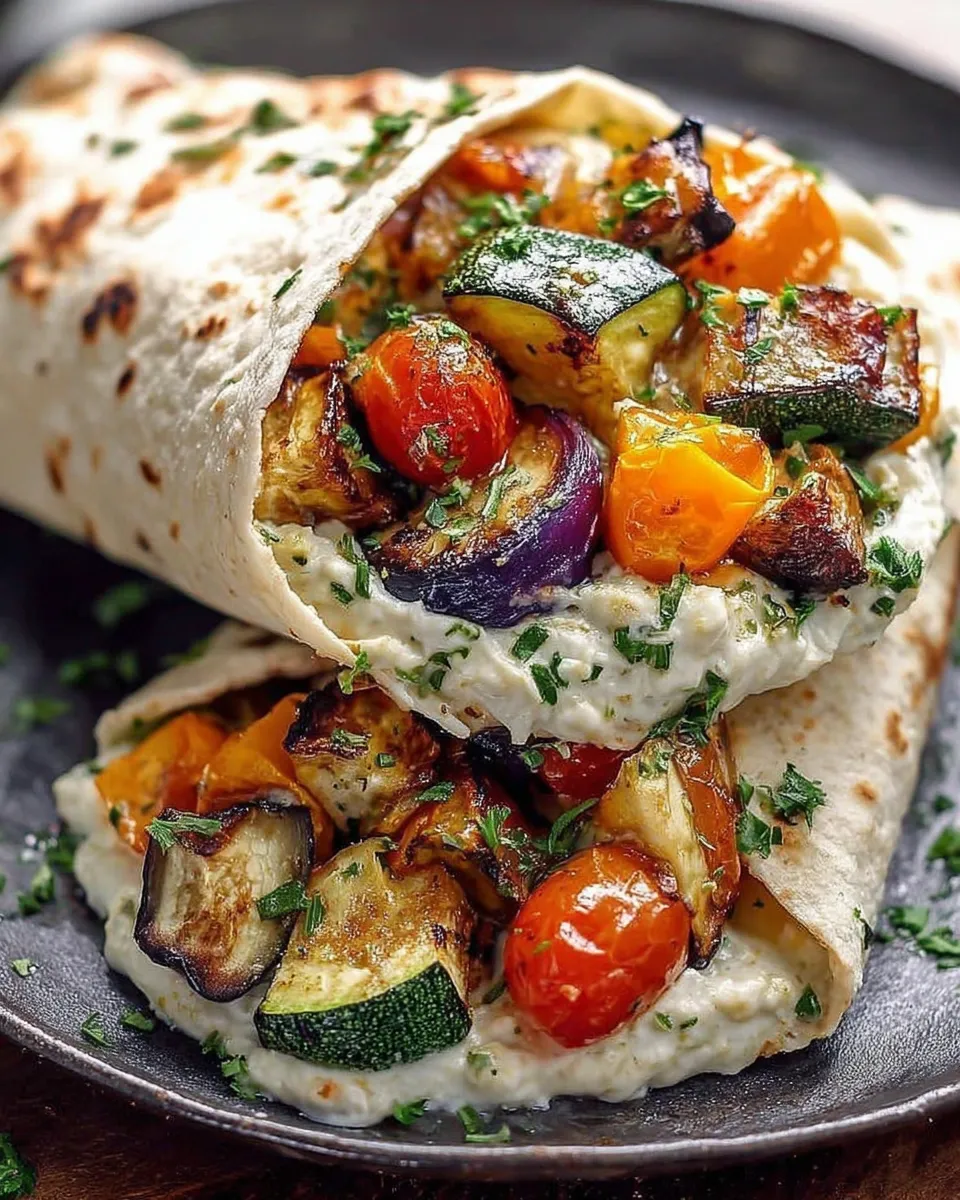 Roasted veggie and hummus wraps on a wooden board
