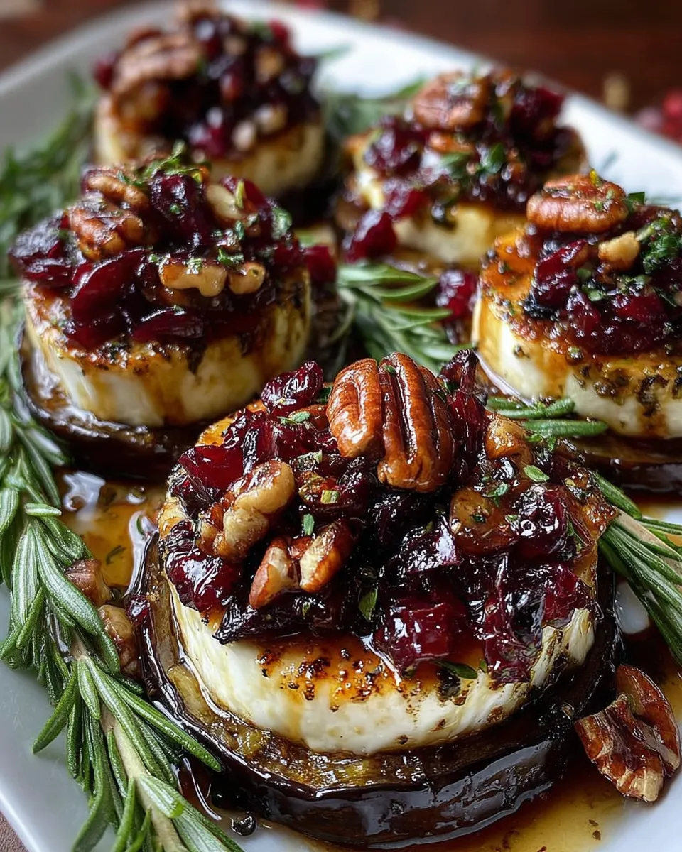 Eggplant Rounds with Brie, Cranberry and Pecans served on a white platter