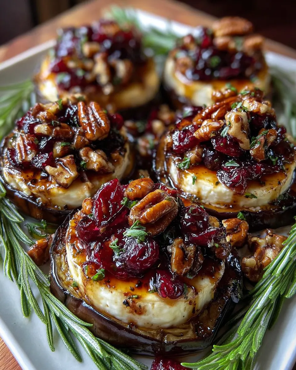 Eggplant Rounds with Brie and Cranberry served on a holiday table
