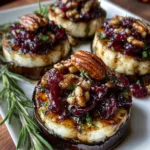 Eggplant rounds topped with melted brie, cranberries, and pecans on a serving tray.