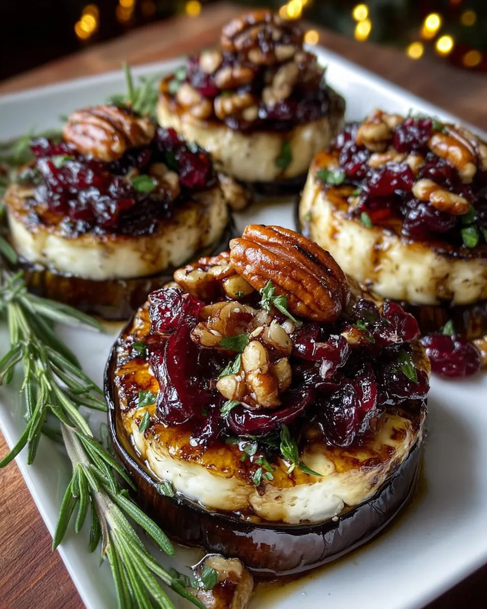 Eggplant rounds topped with melted brie, cranberries, and pecans on a serving tray.