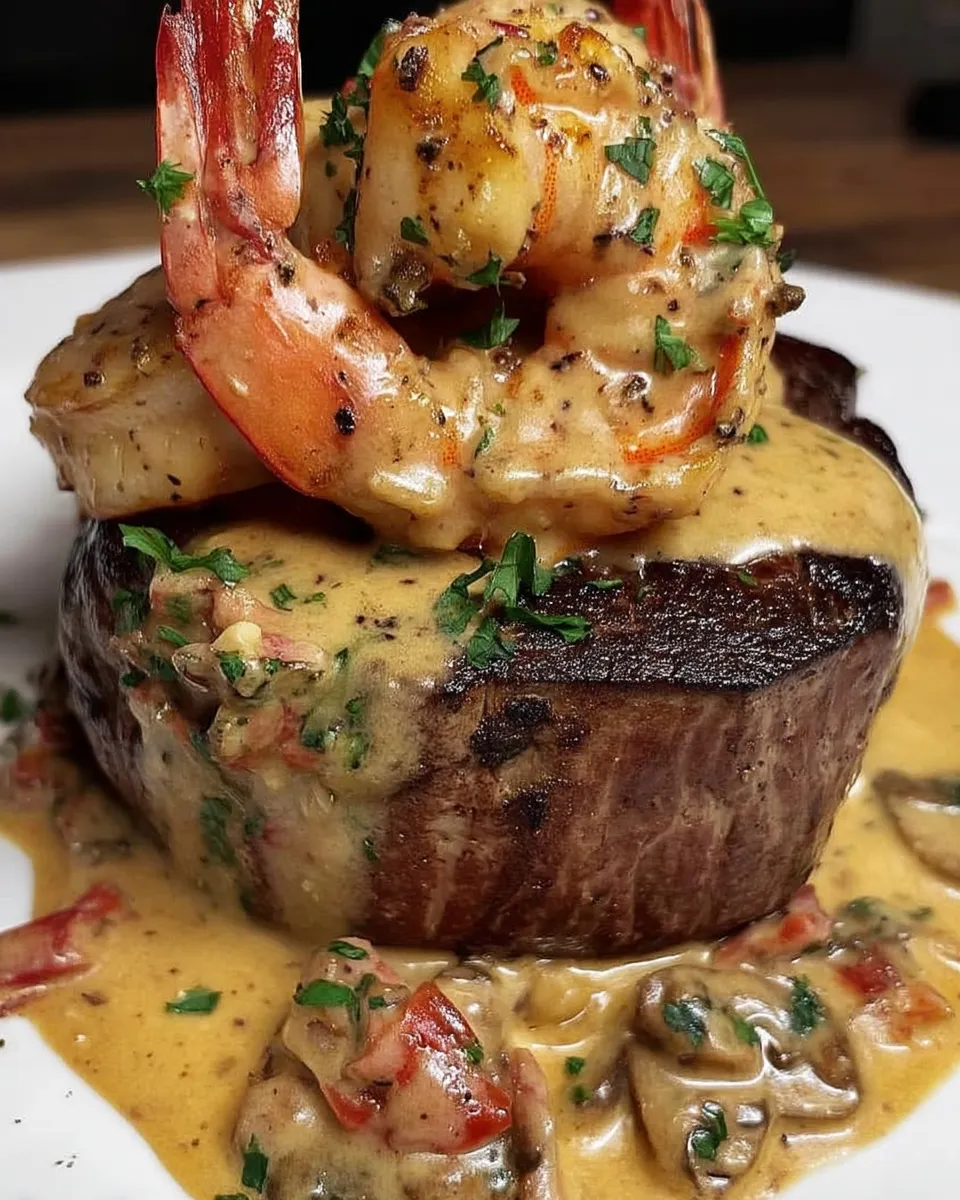 Filet mignon topped with shrimp and lobster cream sauce on a plate