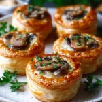 Flaky puff pastry mushroom bites on rustic board