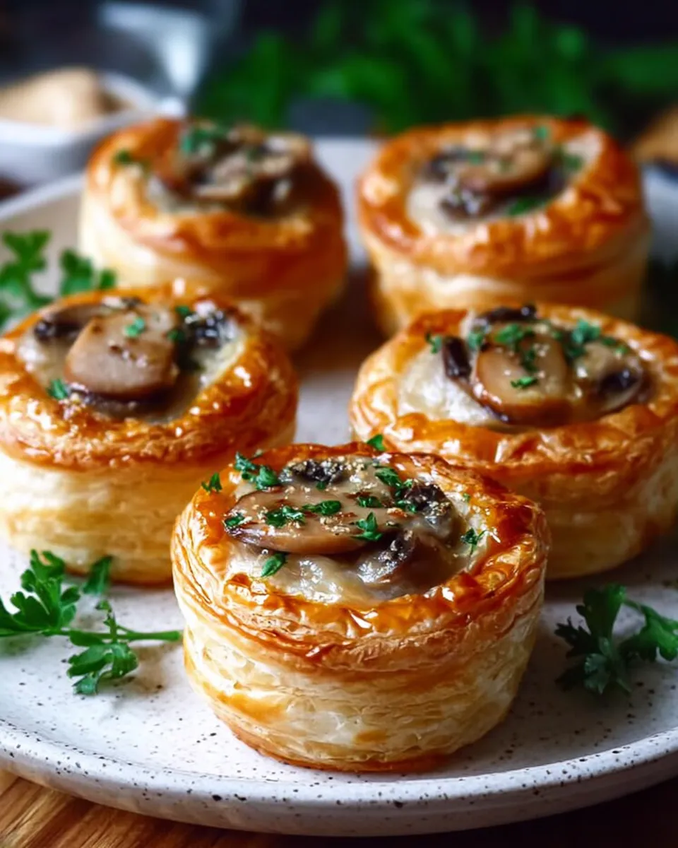 Flaky puff pastry mushroom bites on rustic board