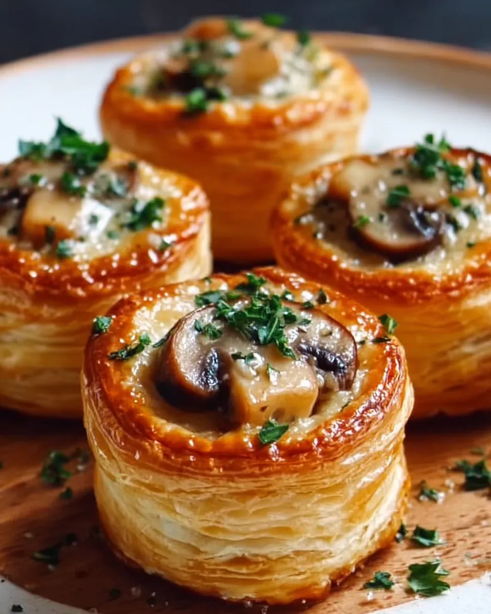 Golden puff pastry mushroom bites filled with creamy mushroom and herb mixture.