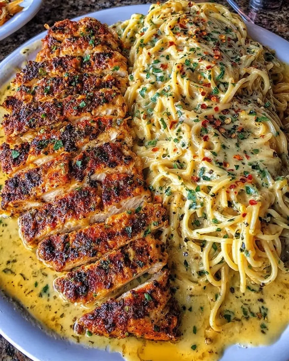 Served Cajun chicken spaghetti topped with fresh parsley