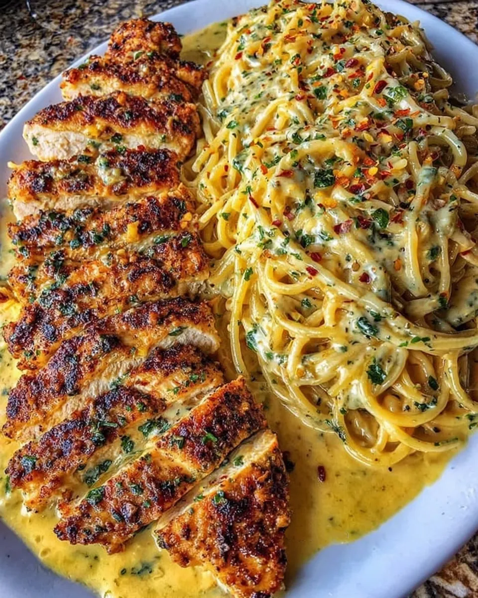 Creamy Cajun garlic Parmesan chicken spaghetti in a skillet