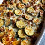 Ground beef zucchini bake with melted cheese in a casserole dish