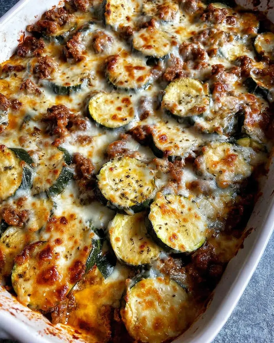 Ground beef zucchini bake with melted cheese in a casserole dish