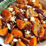 Honey roasted sweet potatoes with feta and pecans on a serving dish