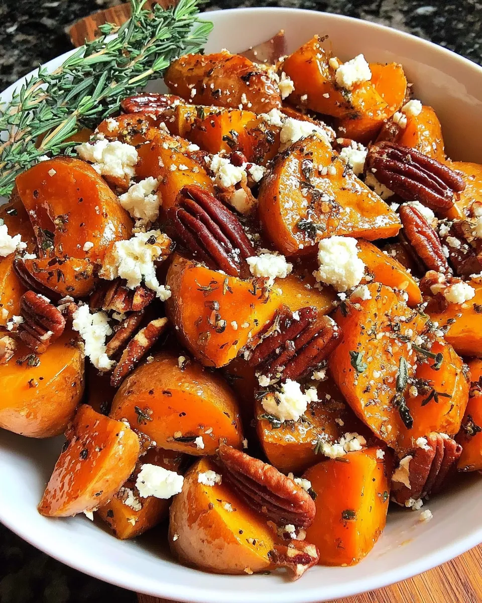 Honey roasted sweet potatoes with feta and pecans on a serving dish
