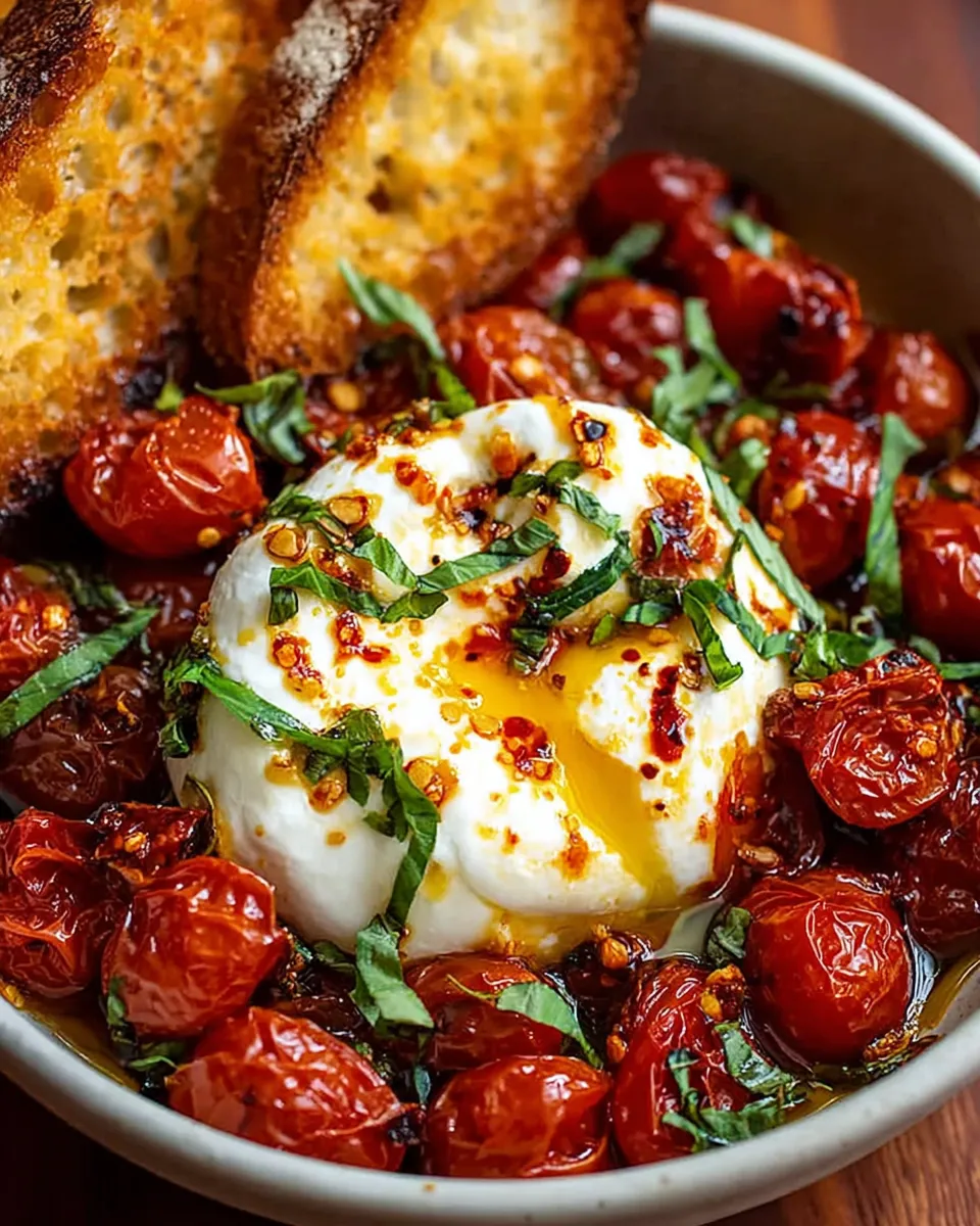 Hot Honey Tomato Burrata Dip served on rustic table