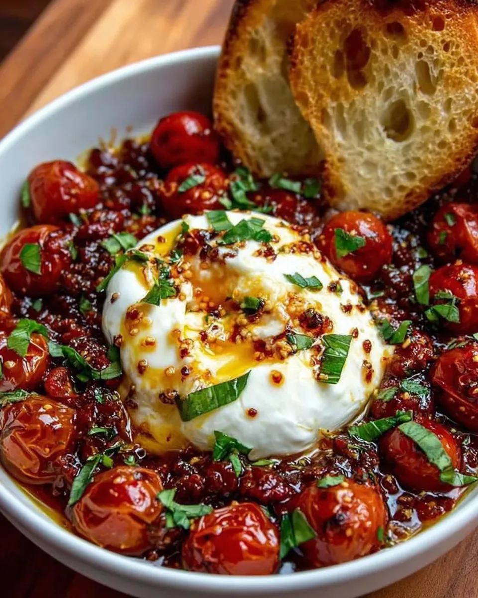 Hot Honey Tomato Burrata Dip with bread and basil