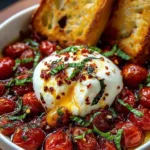Hot honey tomato burrata dip served in a skillet with crusty bread.