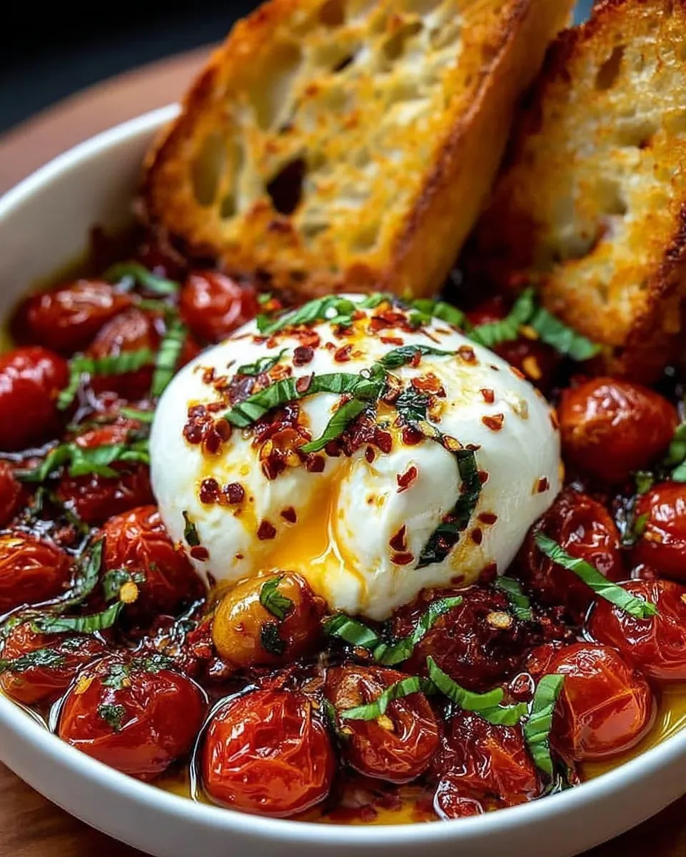 Hot honey tomato burrata dip served in a skillet with crusty bread.