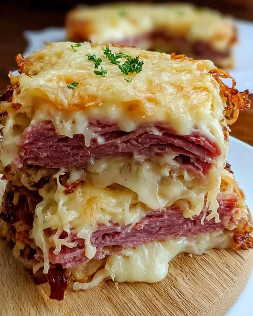 Layered Reuben Casserole Bake with golden rye topping