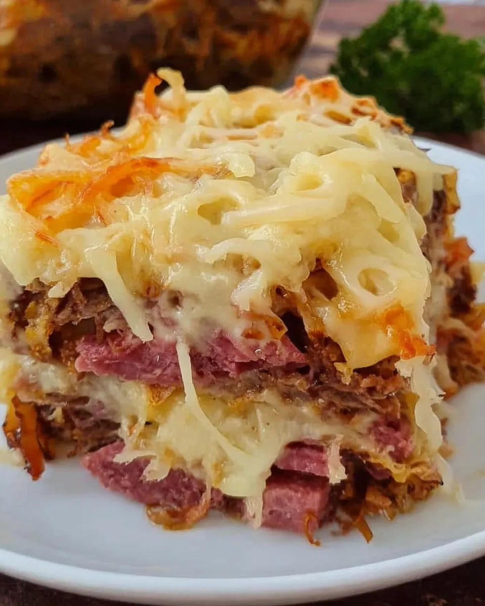 Served slice of Layered Reuben Casserole Bake with pickles