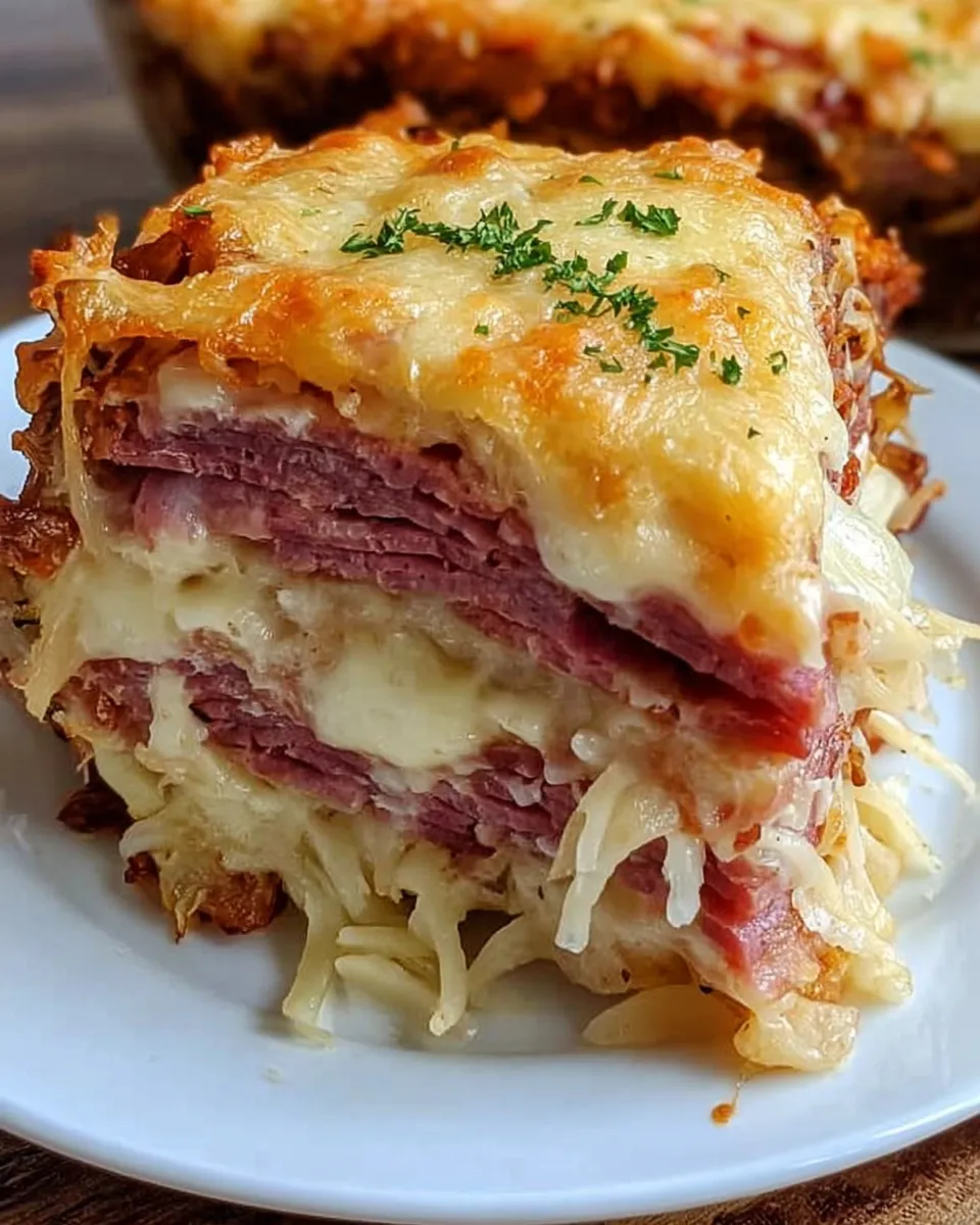 Layered Reuben casserole bake with corned beef, sauerkraut, and Swiss cheese in a baking dish.