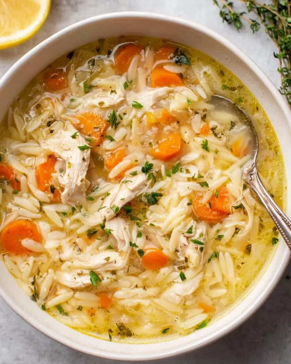 Lemon Chicken Orzo Soup in a white bowl with fresh herbs