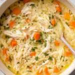 Lemon Chicken Orzo Soup in rustic bowl with lemon garnish