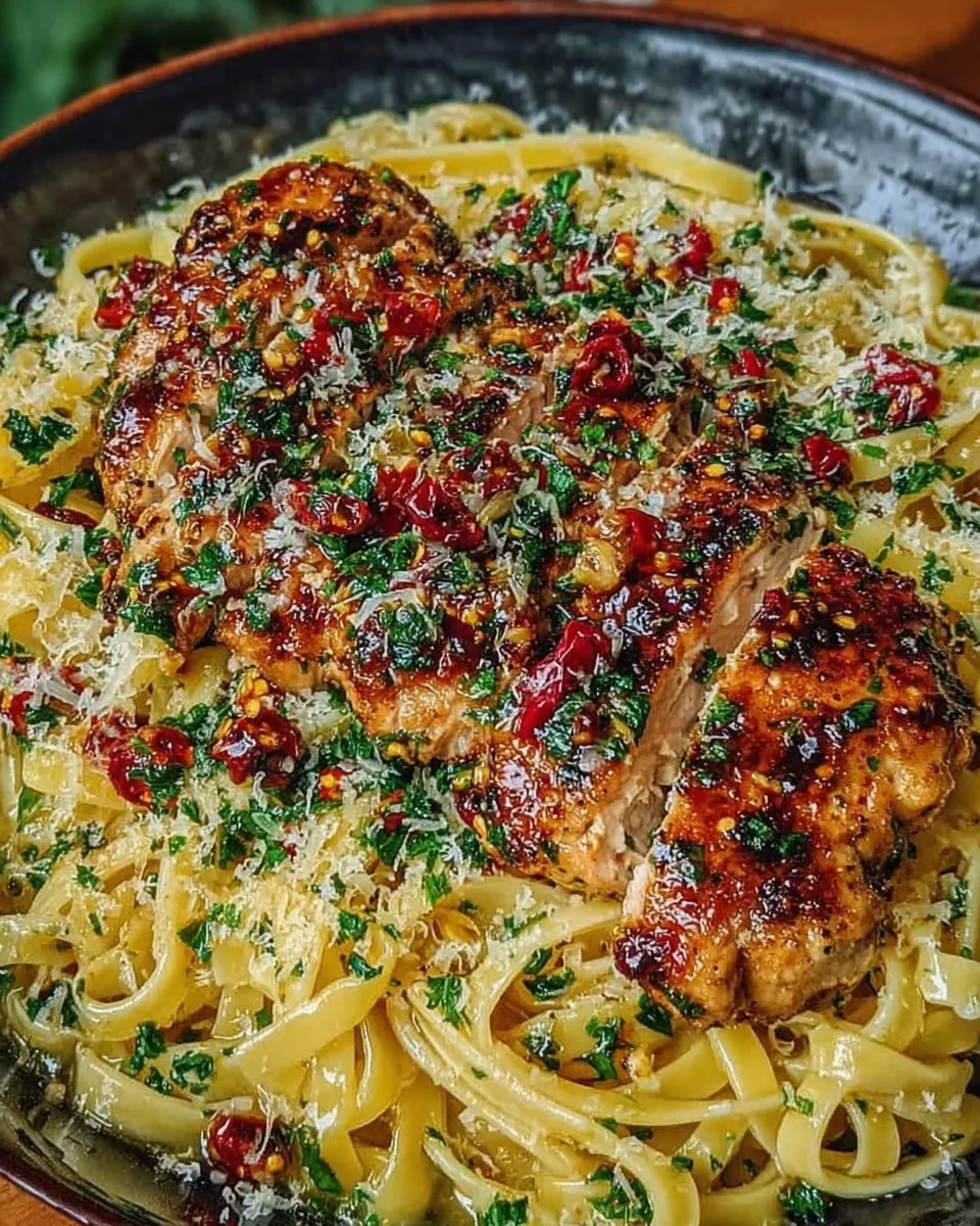 Lemon Garlic Butter Chicken with Creamy Parmesan Linguine plated