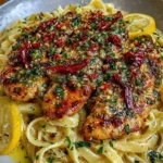 Lemon garlic butter chicken on creamy Parmesan linguine, garnished with parsley.