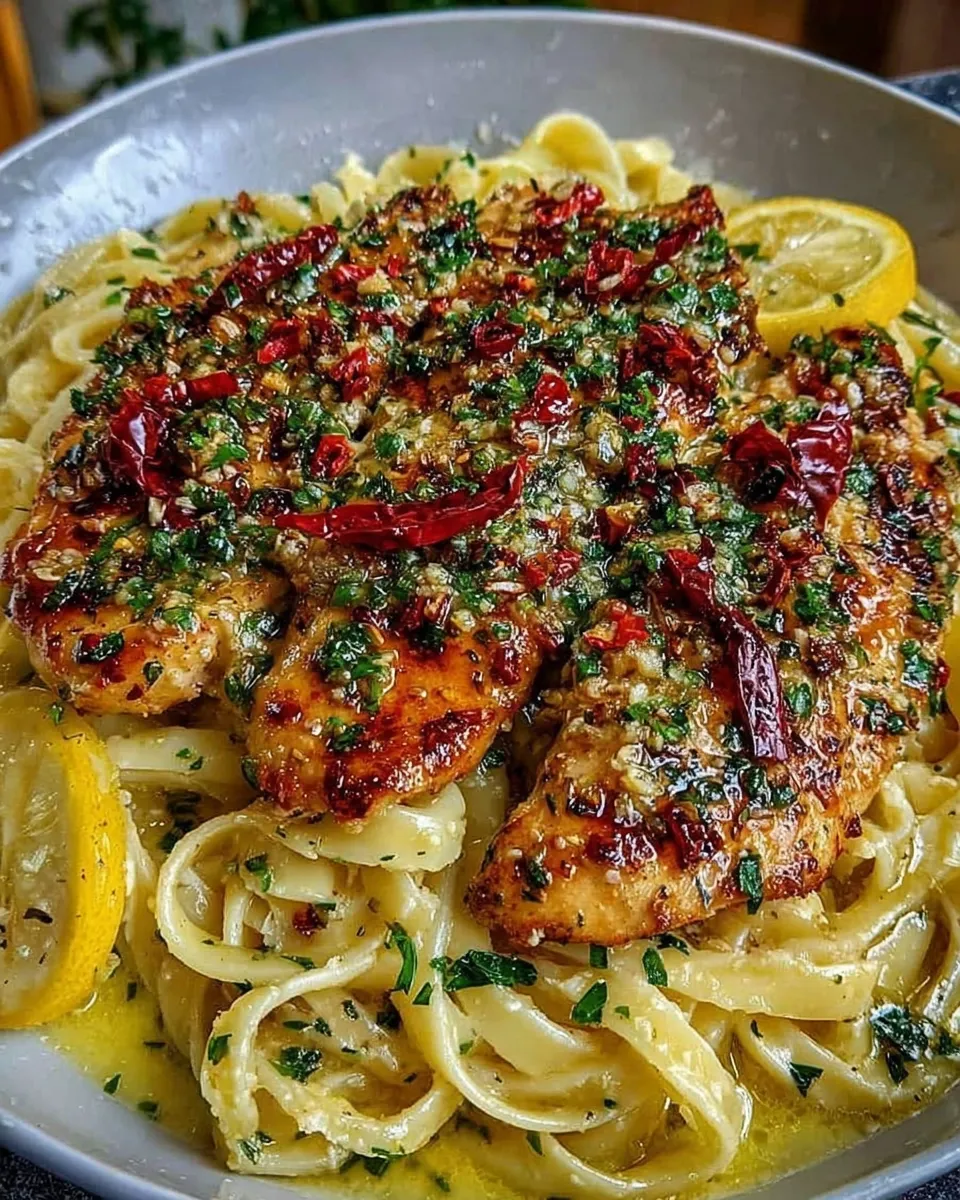 Lemon garlic butter chicken on creamy Parmesan linguine, garnished with parsley.