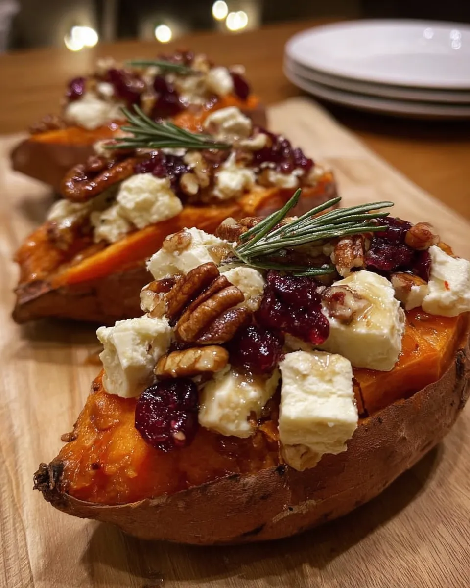Maple Pecan & Brie Stuffed Sweet Potatoes with Cranberry Glaze