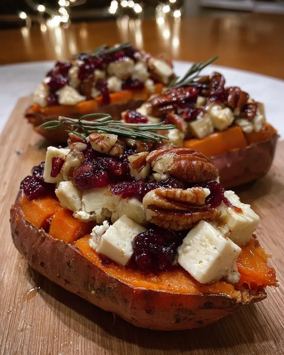Maple Pecan and Brie Stuffed Sweet Potatoes served warm with glaze