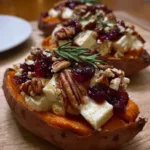Maple pecan and brie stuffed sweet potatoes topped with cranberry glaze on a holiday table.