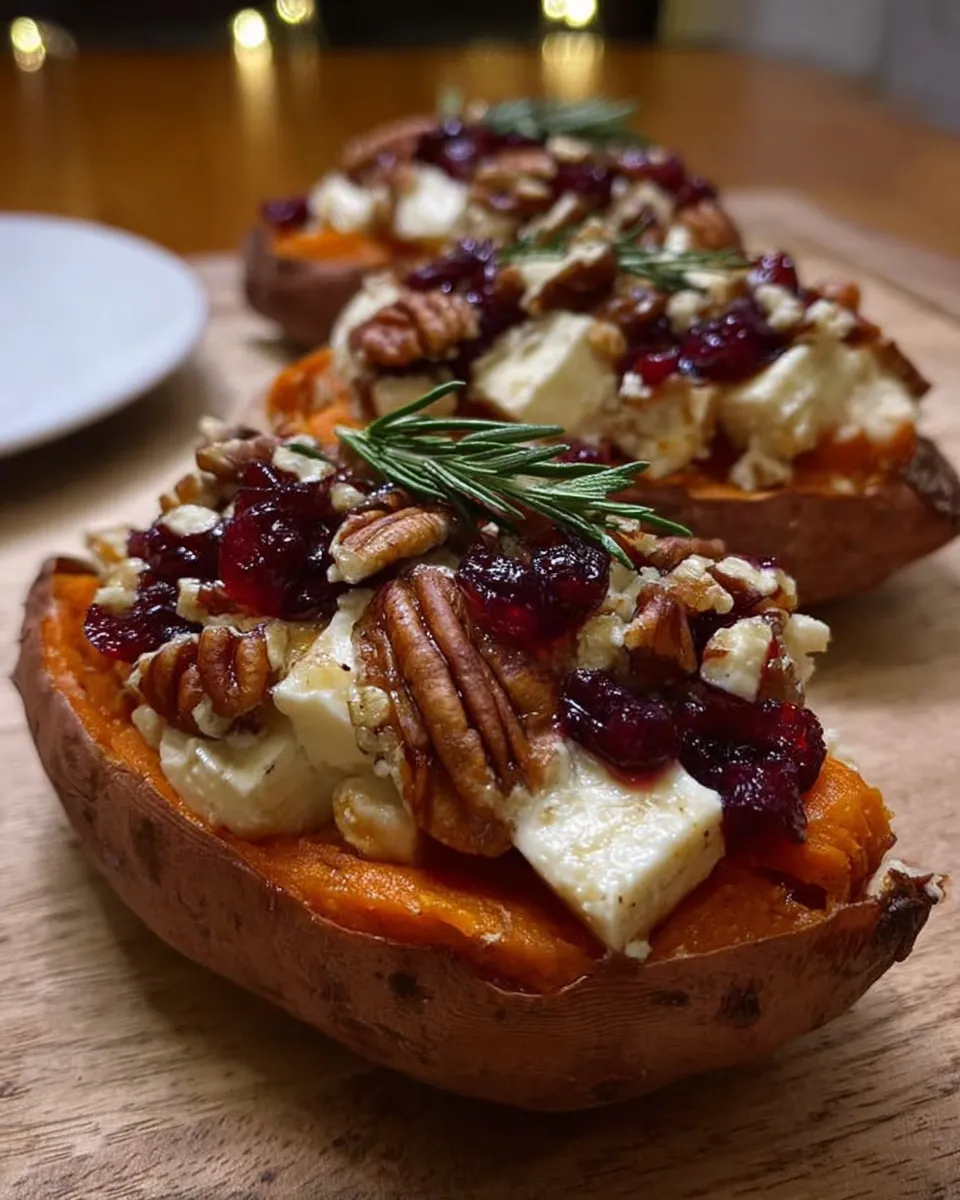 Maple pecan and brie stuffed sweet potatoes topped with cranberry glaze on a holiday table.