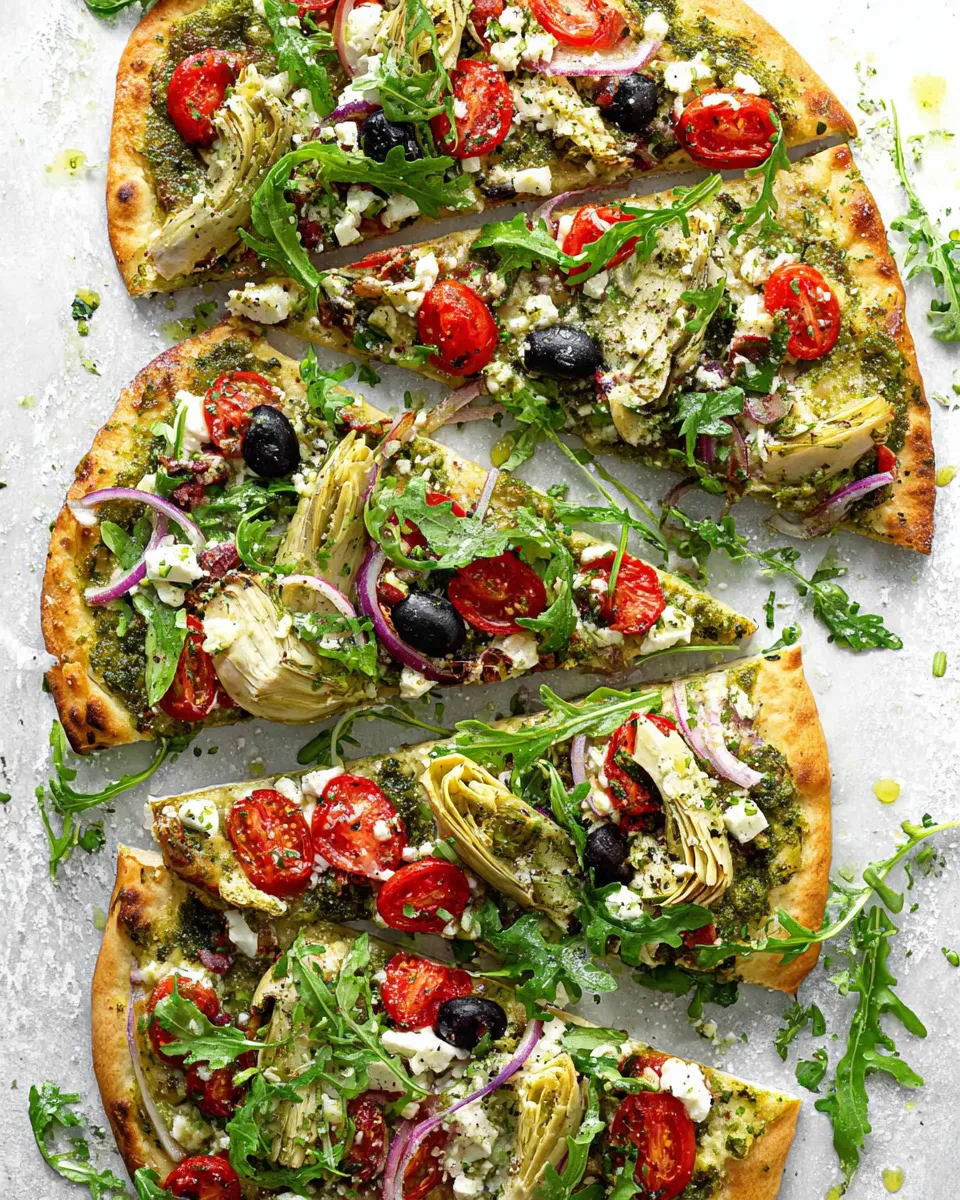 Mediterranean flatbread pizza with colorful toppings on wooden board