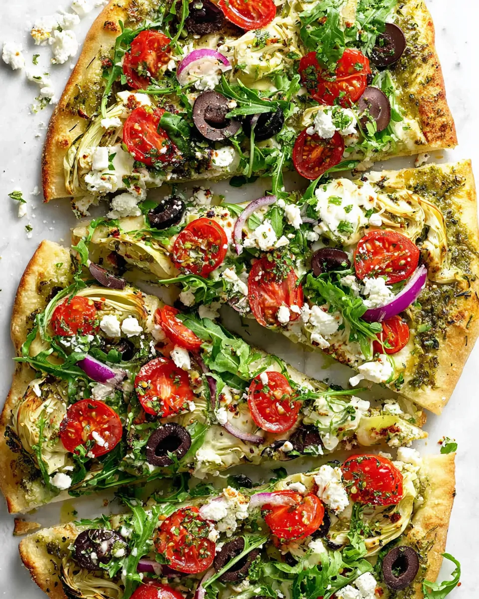 Mediterranean flatbread pizza served with salad and dip