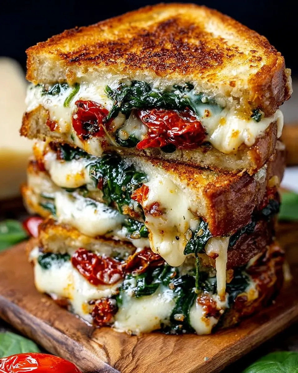 Mediterranean spinach grilled cheese sandwich sliced in half