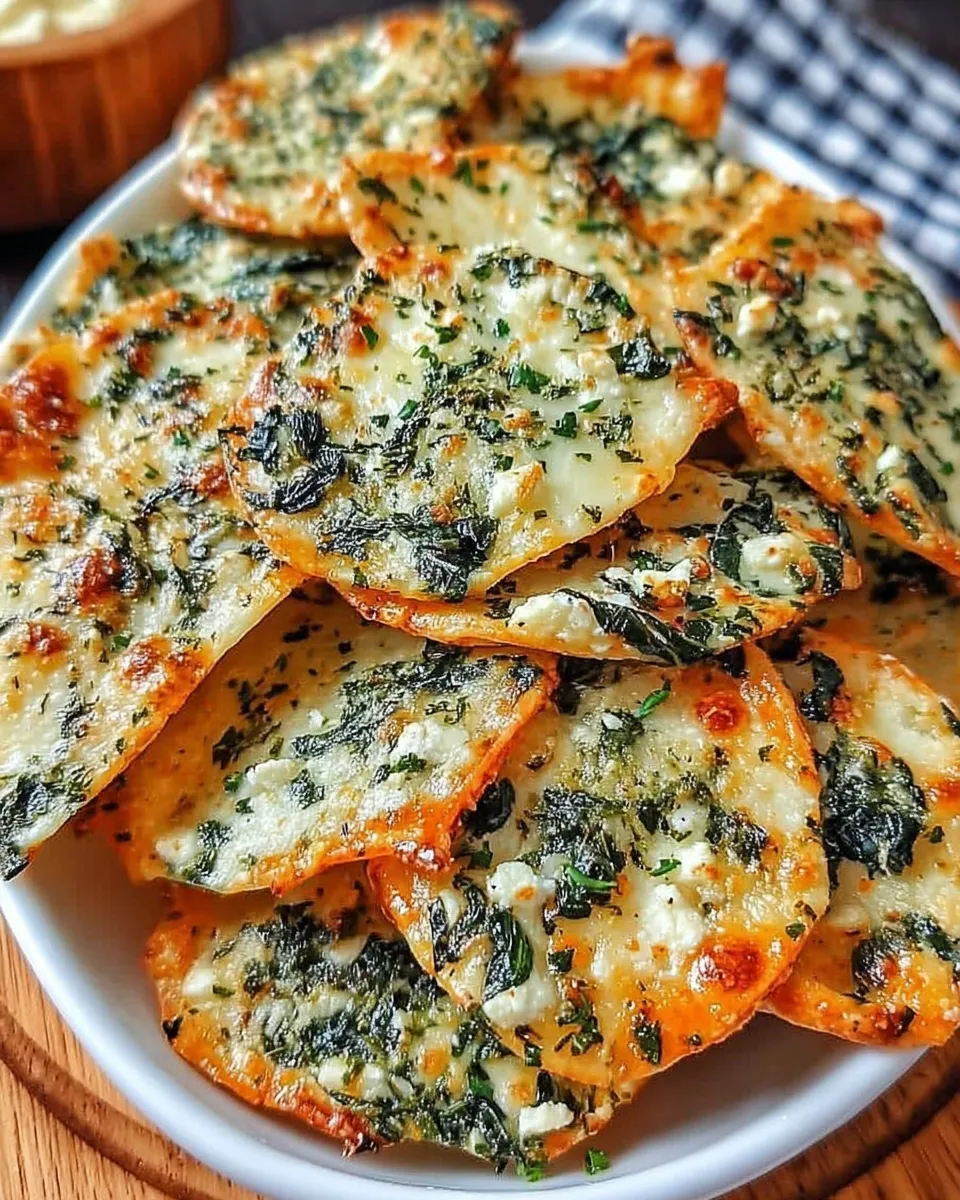 Mediterranean spinach and feta cheese crisps on a serving plate