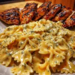 Mozzarella garlic butter chicken bowties in creamy cheesy sauce, served in a white pasta bowl.