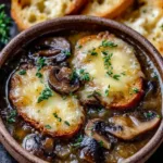 Bowl of mushroom and caramelized onion soup with melted cheesy toast