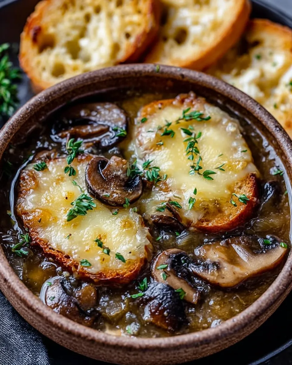 Bowl of mushroom and caramelized onion soup with melted cheesy toast