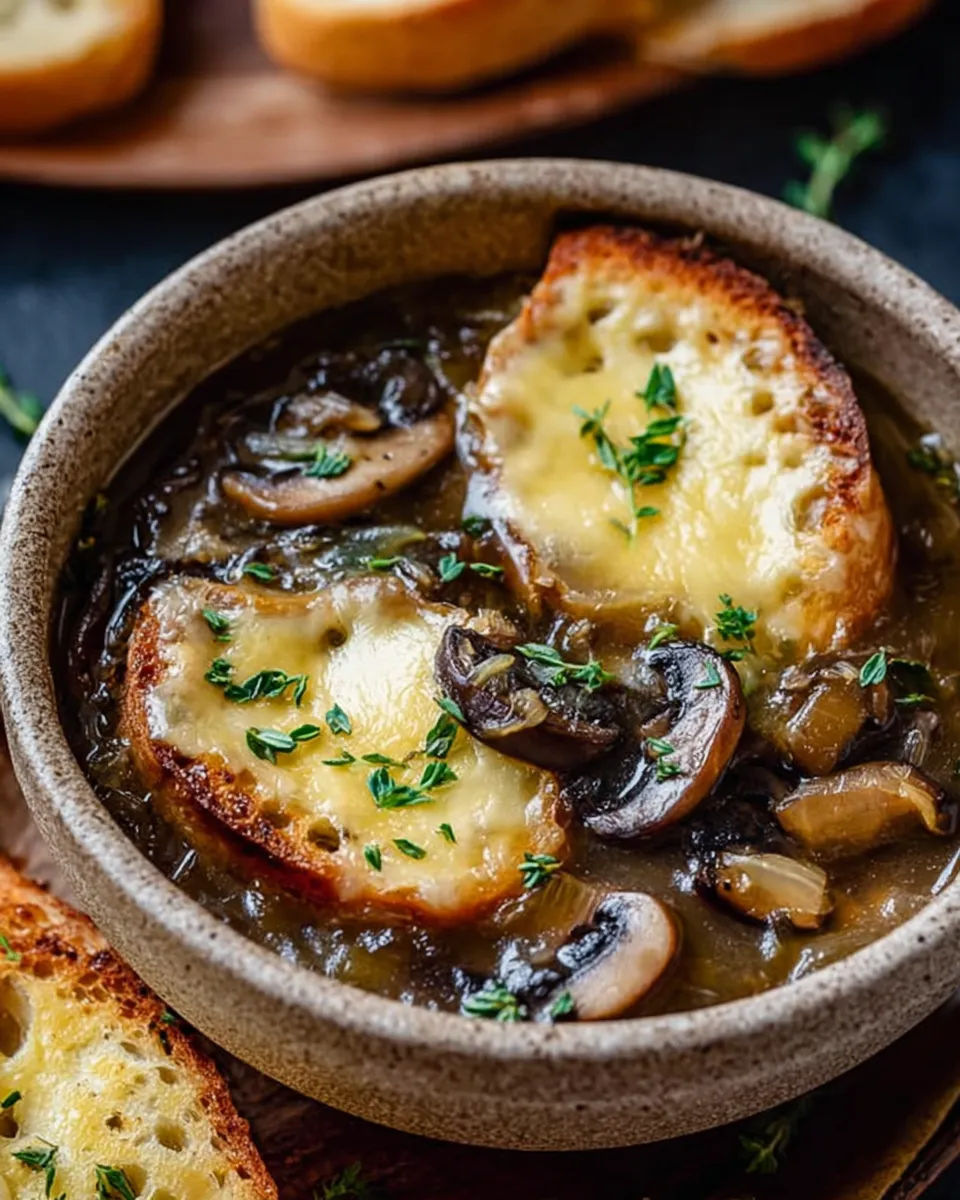 hearty mushroom and onion soup with cheese toast