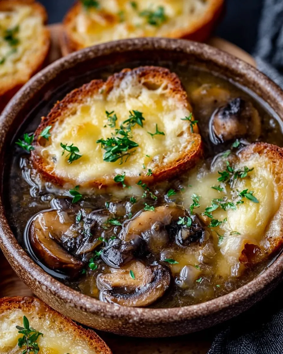 served mushroom onion soup with toast