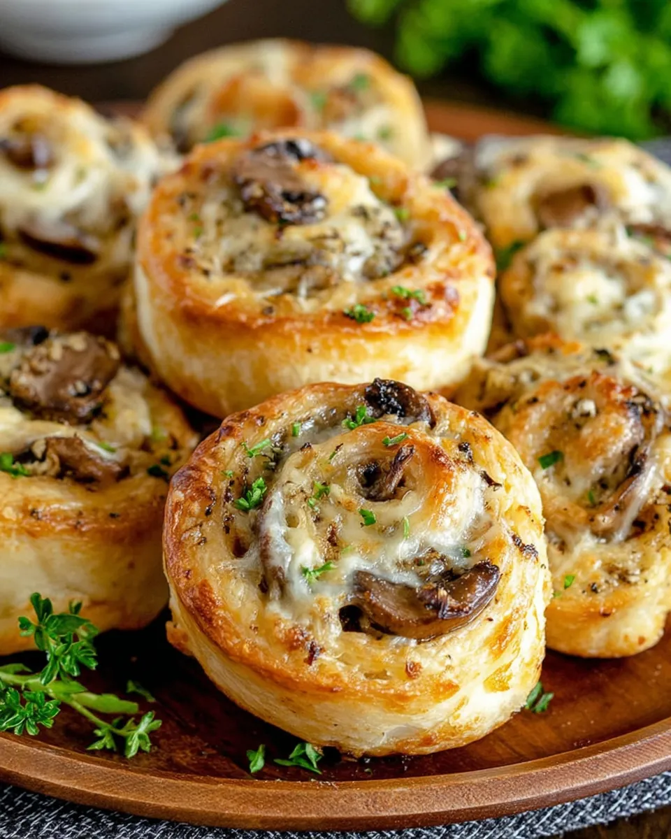 Unbaked mushroom and cheese pinwheels on baking tray
