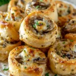 Golden Mushroom and Cheese Pinwheels fresh from the oven, flaky pastry with gooey melted cheese and savory mushrooms.