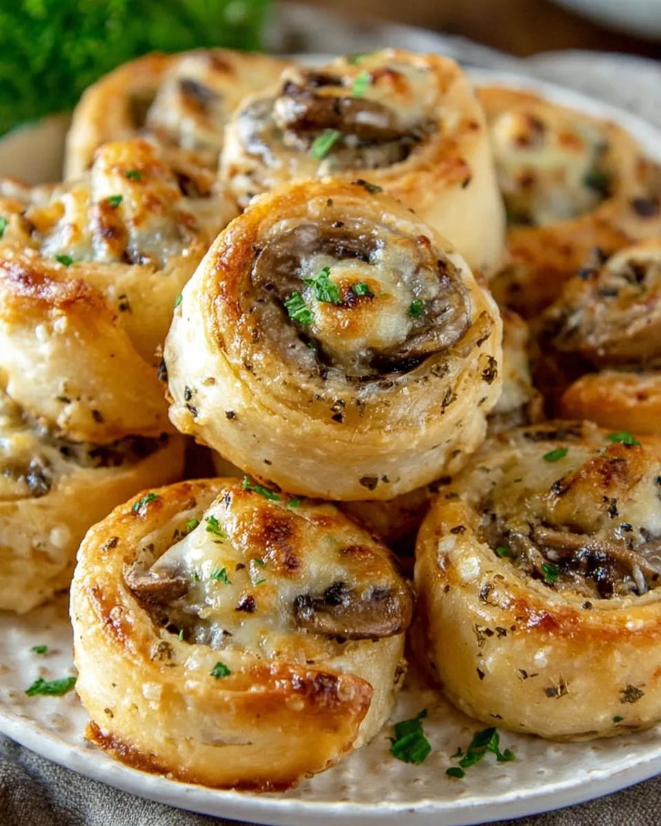 Golden Mushroom and Cheese Pinwheels fresh from the oven, flaky pastry with gooey melted cheese and savory mushrooms.