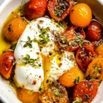 Oven roasted tomatoes with creamy burrata drizzled with hot honey.