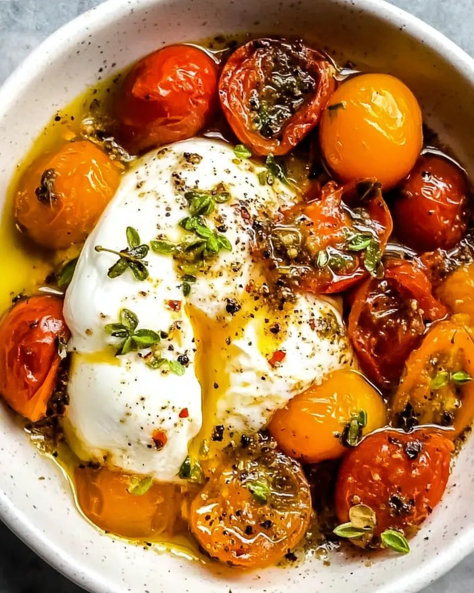 Oven roasted tomatoes with creamy burrata drizzled with hot honey.