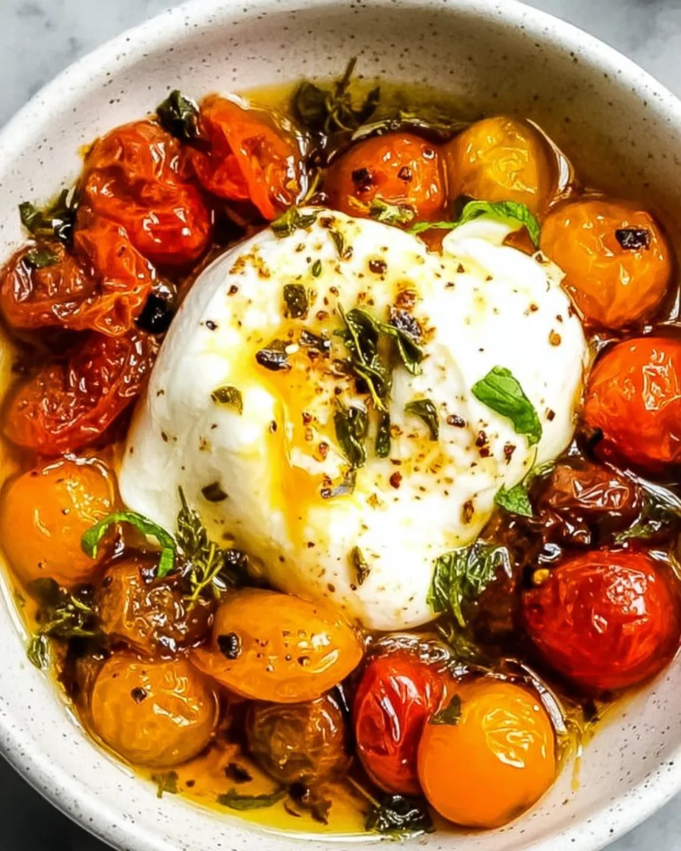 Burrata and Roasted Tomatoes with Hot Honey on Summer Table